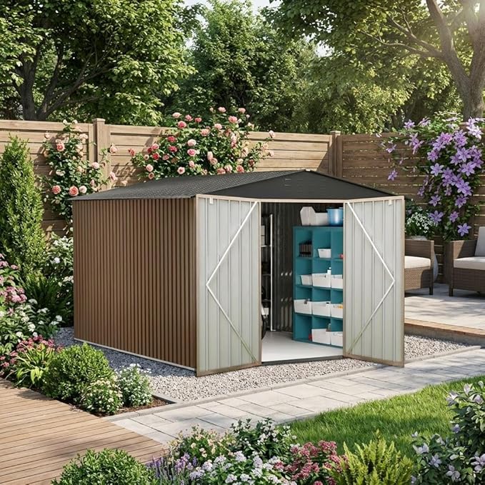 Outdoor Metal Storage Shed, 10x12ft Galvanized Steel Garden Tool Shed with Lockable Doors, Extra Large Outdoor Storage Sheds for Patio Lawn Backyard Outside Use, Brown