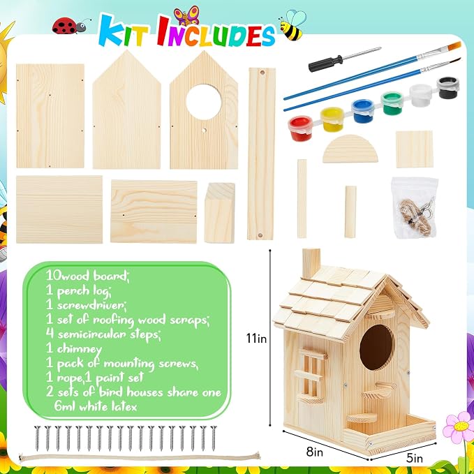 Liliful 2 Pack Wooden Bird House Kits, Build It Yourself Woodworking Kit for Adult Kids 4-8, 8-12 with Paint and Paintbrushes, Solid Weather Proof Natural Pine Wood, Pre Drilled (Modern Style)