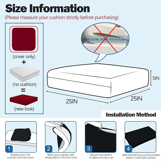Sqodok Patio Cushion Covers 25x25 Waterproof Outdoor Cushion Covers Replacement 4Pack Patio Cushion Seat Slicovers for Sectional Sofa, Wicker Chair, Burgundy