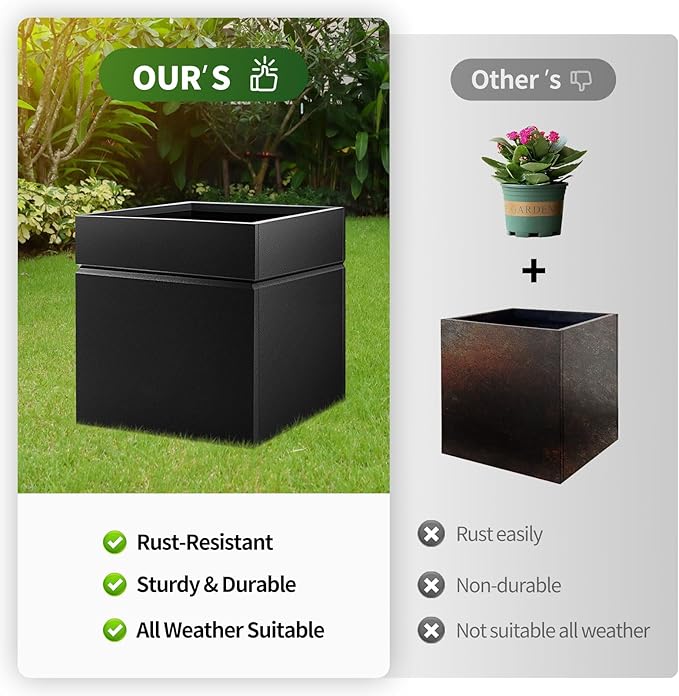 Matel Planter Box 20" L x 20" W x 21" H, Cube Heavy Duty Powder Coating Steel Planters with Drainage Hole, Indoor Outdoor All-Weather Use for Home, Porch, Patio, Garden(Black)