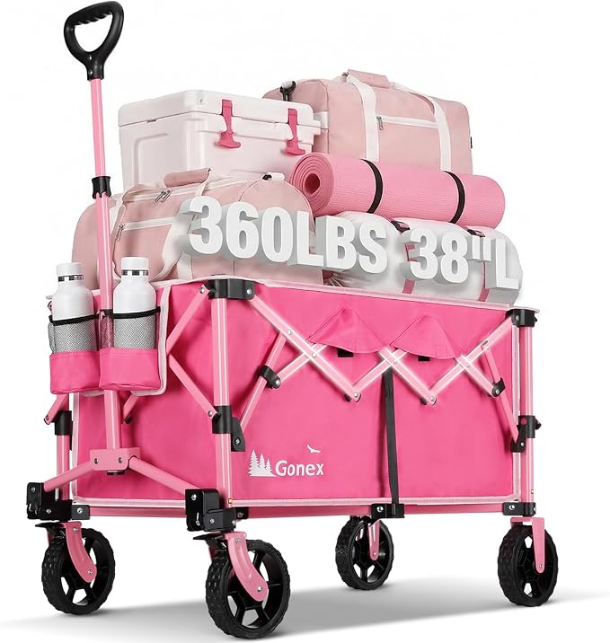 Gonex 38''L Collapsible Foldable Wagon Cart with 360lbs Weight Capacity,220L Folding Utility Garden Cart with Detachable Wheels for Grocery Sports Shopping Camping - Pink