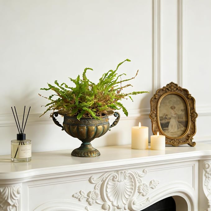 Vintage Urn Planter with Embossed Pattern, Decorative Flower Pot, Classic Round Plant Pot, European Shabby Chic Centerpiece for Mantel, Table, Entryway or Living Room Decor- Gold（13.6 * 11.9 * 8.5 in）
