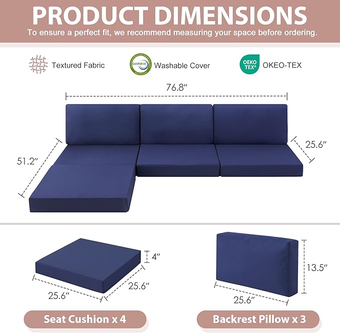 7-Piece Patio Furniture Cushions Set, Replacement Outdoor Cushions for 4-Seat Patio Sectional, Waterproof & Fade Resistant Deep Seat Cushion for Outdoor Sofa, Navy Blue
