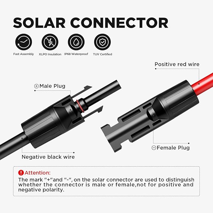 20FT 10AWG Solar Extension Cable (Red + Black), 30A/1000V DC, IP68 Waterproof PV Wire with Compatible Quick Connectors for Connecting Solar Panels, Controllers, and Solar Systems