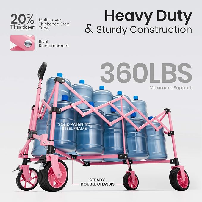 220L Collapsible Wagon Cart Foldable, 38" L Extra Large Heavy Duty Folding Beach Wagons with All-Terrain Wheels, Utility Carts for Camping, Sports, Shopping, Groceries - Pink
