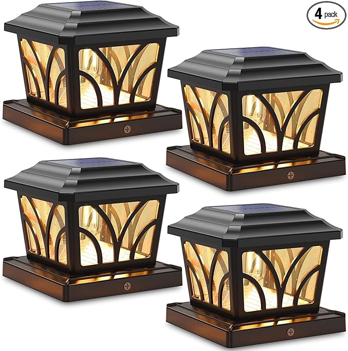 SIEDiNLAR Solar Post Cap Lights Outdoor, Aluminum Glass 2 Modes Edison LED Bulbs for 4x4 5x5 6x6 Vinyl/Wooden Posts Patio Deck Fence Decor, Warm White/Cool White Lighting 4 Pack (Black)