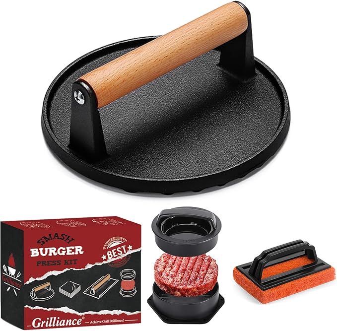 Grilliance 4pcs Smash Burger Press Kit, 3 in 1 Hamburger Press Patty Maker, Cast Iron Burger Press, Cleaning Pad Set for Grill, Griddle, Flat top, Kitchen, Cooking