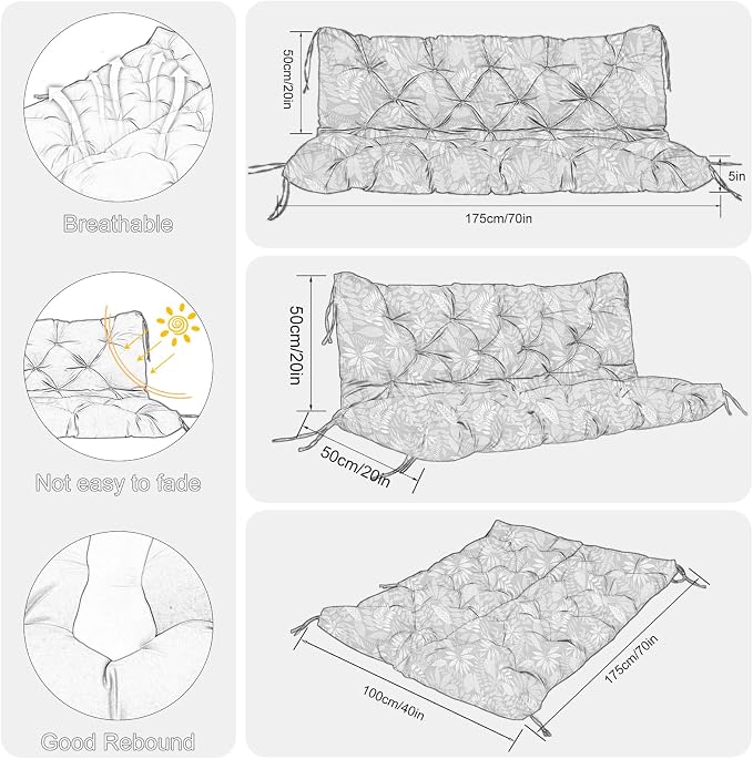 Porch Swing Cushions Outdoor 70 inch x 40 Waterproof Swing Cushions 3 Seater Replacement with Backrest & 8 Ties 5" Thick Bench Swing Cushions for Outdoor Furniture Patio(Red Leaves)