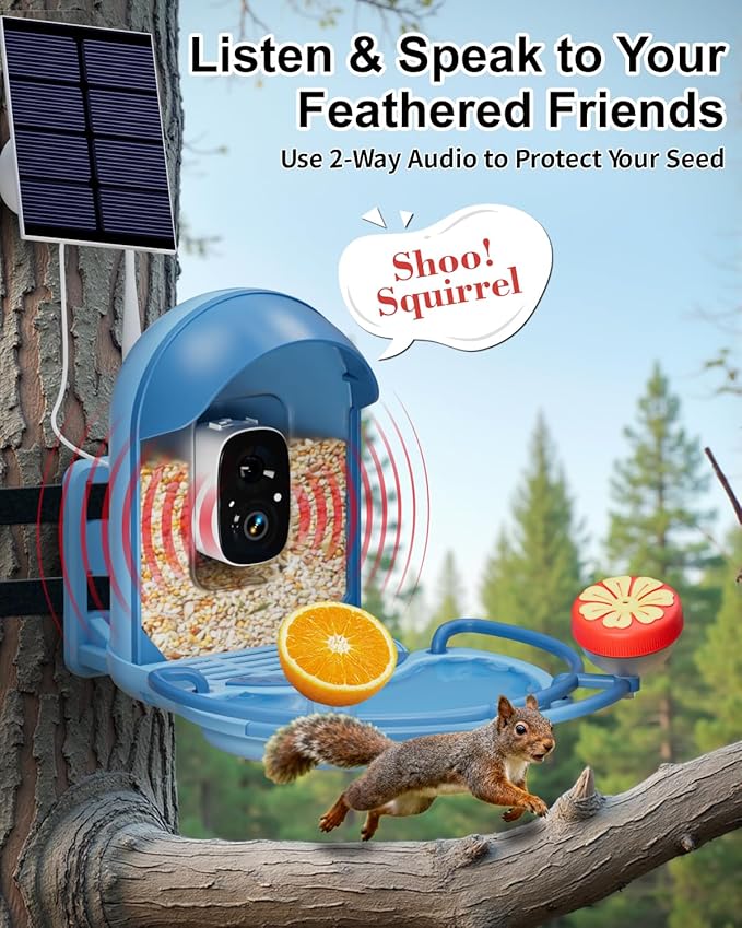 Bird Feeder with Camera, 2K HD Camera Birds Feeder with Bath Wireless Outdoor, Solar Powered Bird Watching with APP Control, Night Vision, Motion Detection Alerts, IP66 Birdfeeder for Backyard, Blue