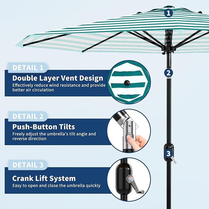 Garvee 10FT Outdoor Patio Umbrella 8 Sturdy Ribs Outdoor Table Umbrella with Crank Lift & Push Button Tilt UV Protection Waterproof Market Umbrellas for Pool Deck Yard, Turquoise & White Stripes
