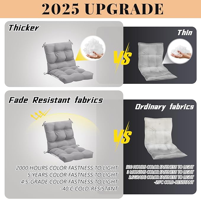 Marsui 6 Pcs Outdoor Indoor High Back Chair Cushions Patio Furniture Tufted Pillow with Ties Water-Resistant Replacement Outdoor Rocking Chair Cushions, 42 x 21 Inches (Gray,Solid Color)