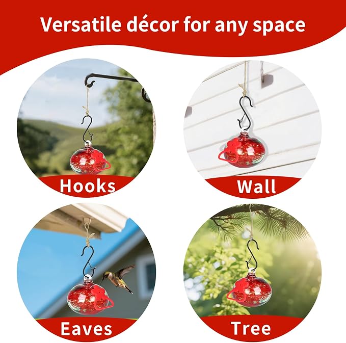 Pozfun Small Hummingbird Feeders for Outdoors Hanging,Hand-Blown Glass Hummingbird Feeder with Silicone Feeding Perch,Never Leak,Gardening Gifts for Woman Man(Red)