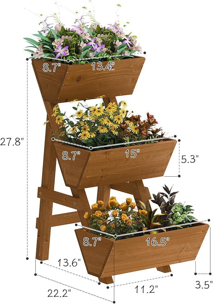 Kitsanery 3-Tiers Wooden Raised Garden Bed,Wood Planter Box for Vegetable,Flower Rack,Flower Pot Stands,Indoor Outdoor Gardening Planting Beds (Brown, Small)