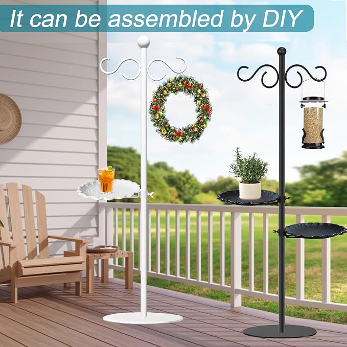 Upgraded 74" Shepherd's Hook for Bird Feeder，White Floor Hanging Plant，White Wind Chime Stand, Waterproof Metal & Adjustable-Height Standing Pole Holder for Wreath, Indoor & Outdoor（2 Placement Racks)
