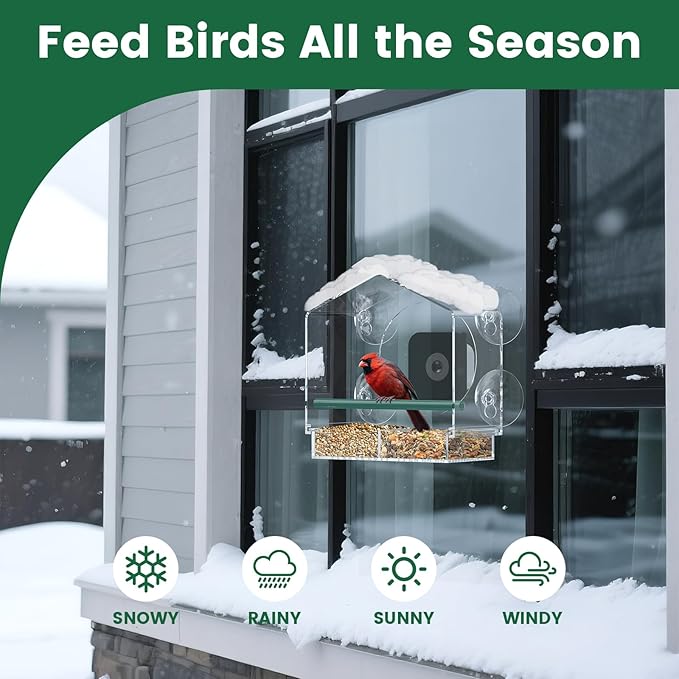 Svanur Window Bird Feeder with Camera,Wild Bird Feeders for Outdoors,AI Identify & Auto Capture Bird Feeder for Viewing,Strong Suction Cups,Real-Time Alerts,Ideal Gifts for Bird Lovers