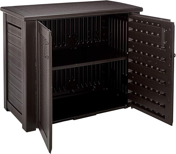 Rubbermaid 123 Gal Outdoor Storage Cabinet and Suncast 33 Gallon Resin Outdoor Trash Can Bundle