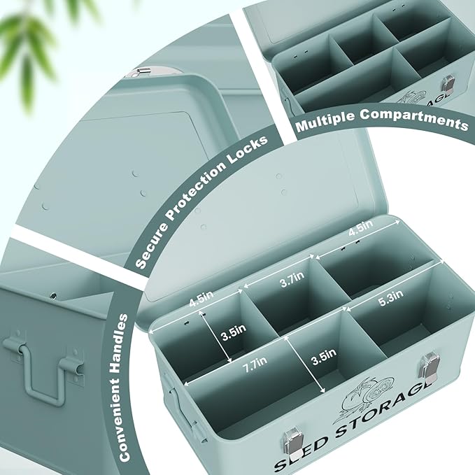 Seed Storage Organizer Box, Metal Seed Box, Garden Seed Organizer with Lid, Seed Containers Storage with 5 Compartments, 30 Seed Holder Organizers, 100pcs Seed Envelopes (Blue)