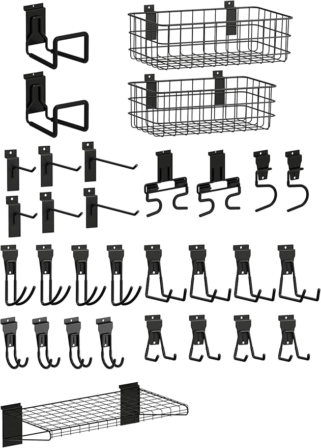 Smartstandard 31PCS Slatwall Accessories, Includes 2PCS Single S Hook, 2PCS Double S Hook, 2PCS Wall Baskets, 2PCS Hose Hook, 1PC Shelf and 22PCS Multi Shapes(J/U/Straight) Hooks, Accessory for Garden
