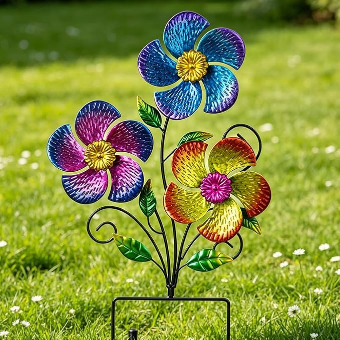 Wind Spinner Outdoor,Waterproof Metal Garden Windmill with Flowers,Pinwheels for Yard and Garden, Flower Wind Sculpture & Spinner for Patio Lawn Decor