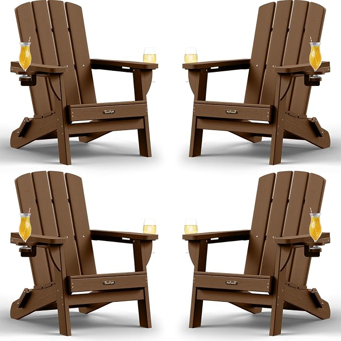 Folding Adirondack Chair Set of 4, HDPE Adirondack Chairs with 2 Cup Holder, Plastic All-Weather Fire Pit Chairs, Outdoor Lawn Chair for Patio Garden (Brown)