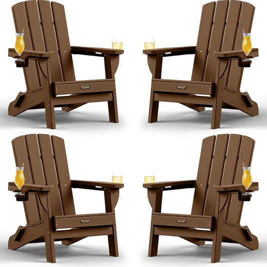 Folding Adirondack Chair Set of 4, HDPE Adirondack Chairs with 2 Cup Holder, Plastic All-Weather Fire Pit Chairs, Outdoor Lawn Chair for Patio Garden (Brown)