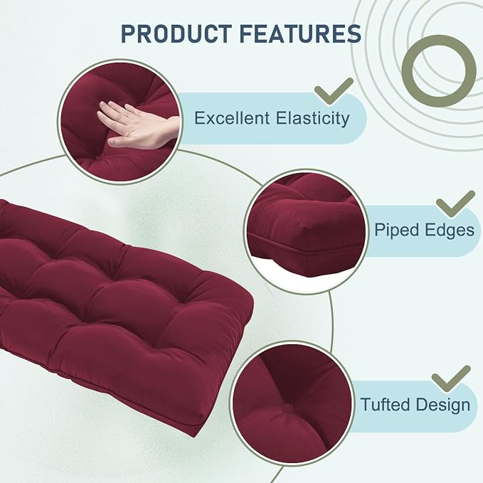 downluxe Outdoor Bench Cushion for Patio Furniture, Water Resistant Tufted Overstuffed Porch Swing Cushions, Thick Outdoor Loveseat Cushions, 44" X 19" X 5", Burgundy, Set of 1