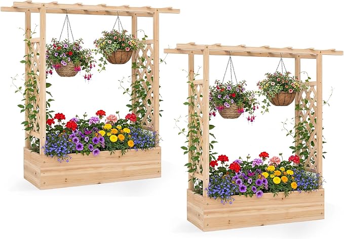 HAPPYGRILL Raised Garden Bed with Trellis & Hanging Roof, 45" Tall Wooden Planter Box with Drainage Holes, Outdoor Wood Elevated Garden Bed for Climbing Plants Vines Vegetables Flowers (Natural,2)
