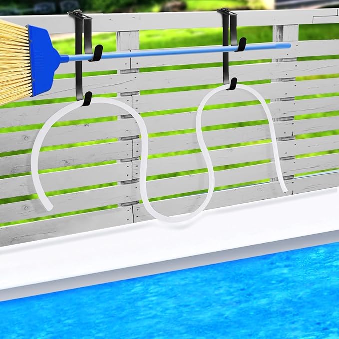 4 Pcs Double Pool Fence Hooks for Pool Equipment, Adjustable Pool Pole Hanger Holder, Rustproof Swimming Pools Skimmer Pole Hooks for Hanging Tool, Hose, Leaf Rakes, Nets Pool-Accessories (Black)