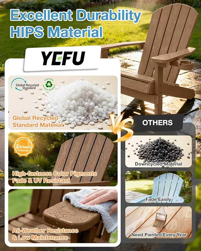 YEFU Adirondack Chairs Set of 4: Outdoor Chair HIPS Plastic Adirondack Chairs - Patio Chairs with Cup Holder & Wood Texture - Lawn Fire Pit Deck Porch Garden Chairs for Adults (Teak)
