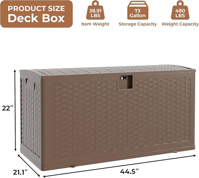 Outdoor Deck Box, 99 Gallon Resin Storage Container, Lockable, UV Resistant and Waterproof Storage Box for Patio Furniture Cushions, Garden Tools, Pool Sports Equipment (Brown)