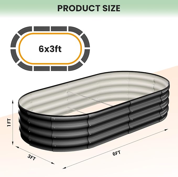 GarveeLife 2 Pcs 6x3x1 ft Oval Raised Garden Bed, Galvanized Raised Beds,Open-Ended Base Metal Raised Planter Beds,Garden Bed Outdoor,Planter Raised Boxes for Vegetables, Flowers,Tool-Free Asse,Gray