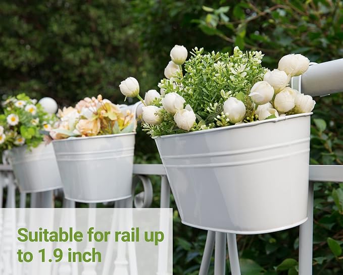 Dahey 3 Pcs 10.5 and 15.7 Inch Metal Iron Hanging Flower Pots for Railing Fence Hanging Bucket Pots Countryside Style Window Flower Plant Holder with Detachable Hooks for Garden Yard Home Decor