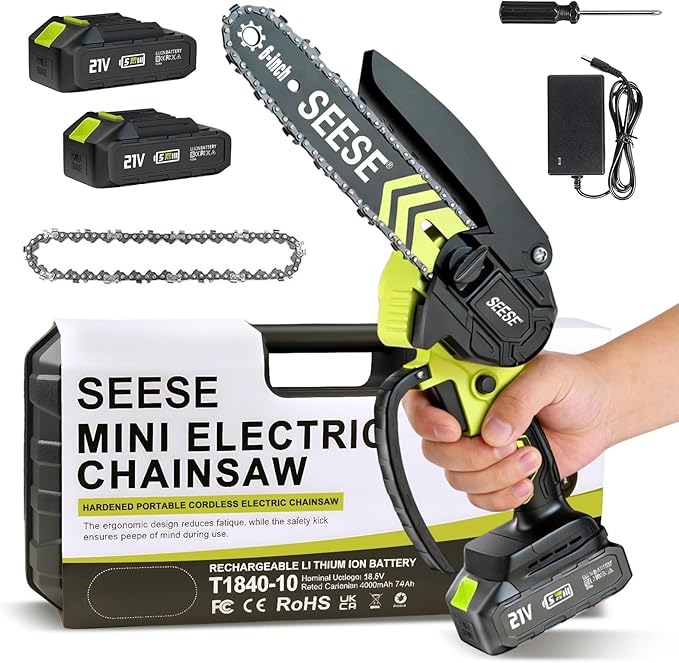 6-inch Mini Chainsaw Cordless: Home Garden Electric Chainsaw - 950W Pure Copper Brushless Motor, High Efficiency, Low Noise, 21V Batteries x2, Up to 80-Min Runtime