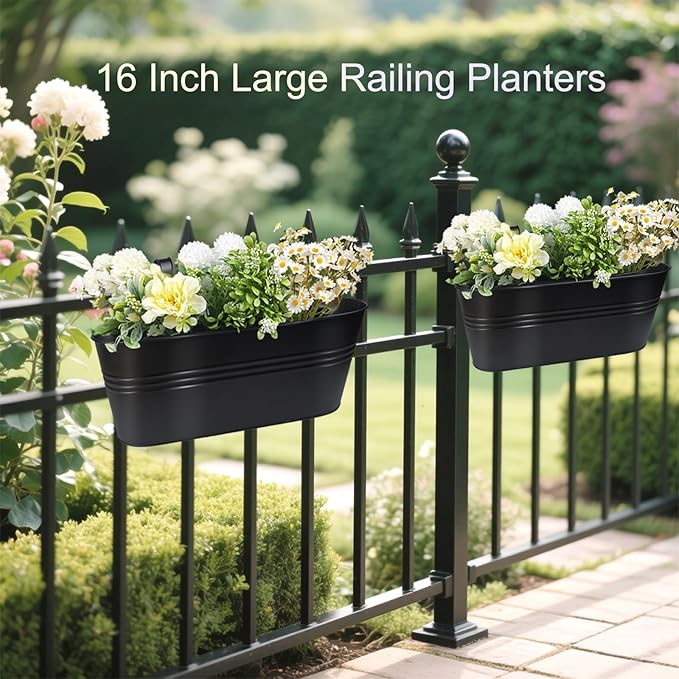 16 Inch 4 PCS Metal Hanging Flower Pots for Railing Fence, Large Railing Planters for Outdoor Plants, Fence Hanging Planters with Detachable Hooks for Garden Balcony