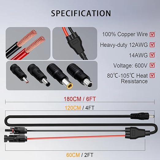 COMeap 6FT 12AWG Solar Panel Adapter for Jackery, Compatible with MC-4 to DC 5521mm Extension Cable with DC 3.5x1.35, 5.5x2.5 and 8mm Connector for GZ Yeti Jackery Bluetti Solar Power Station