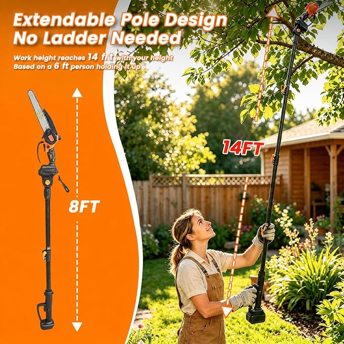 2-in-1 Cordless Pole Saw for Tree Trimming, 14FT Max Reach Extendable Battery Powered Pole Chainsaw with 8 Inch Mini Chainsaw, Dual 2.0Ah Batteries, Electric Pole Saws for Yard Pruning