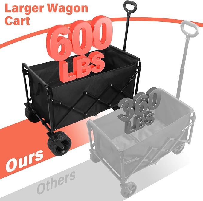 Collapsible Wagon Cart with All-Terrain Wheels - Folding Utility 600LBS Heavy Duty Wagons Carts for Grocery Sports Garden Shopping Camping Fishing (Black, 220L)