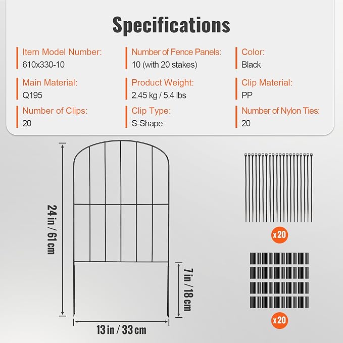 VEVOR Decorative Garden Fence 10 Pack, No Dig Fence 24in(H) x11ft(L) Animal Barrier Fence, Underground Garden Fencing with 2 inch Spike Spacing, Metal Dog Fence for The Yard and Outdoor Patio