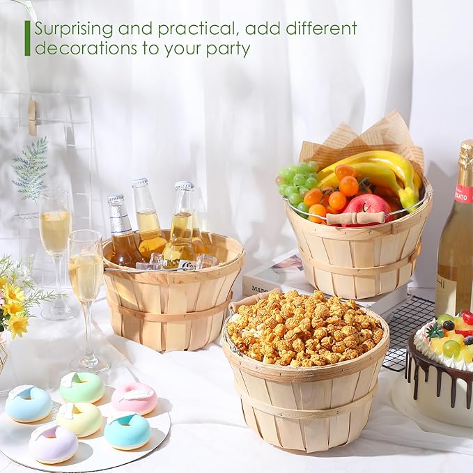 4 Pcs 6 Inch Tall by 9.5 Inch Diameter Round Wooden Baskets, Harvest Basket Garden Basket Food Service Display Baskets Wood Fruit Buckets with Handle for Party Favors Storage Organizing (Wood Color)