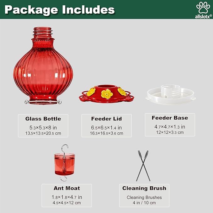 Glass Hummingbird Feeder for Outdoors Hanging, 38 oz Nectar Capacity, 6 Feeding Ports, Leak-Proof Rust-Free Plastic Base, Easy to Refill & Clean, Decorative Red Glass Bird Feeder for Garden Patio