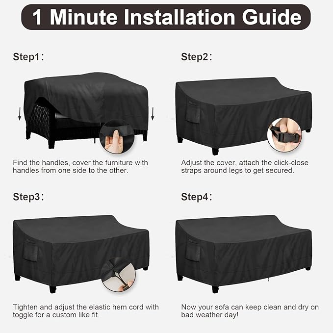 PureFit Outdoor Couch Cover Waterproof Patio Sofa Furniture Covers, 3-Seater Outdoor Cover with Air Vent and Handles, 85W x 35D x 35H Inches, Black