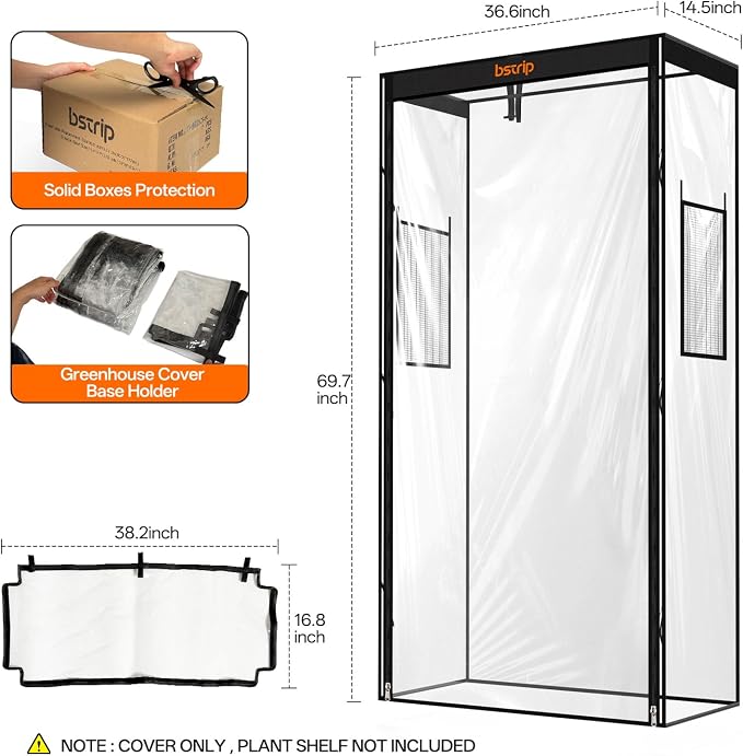 Bstrip 36.6"x14.5"x69.7" Greenhouse Cover Replacement with Base Tray – Indoor Transparent Plant Tent for 35.4"x13.7"x70.9" Plant Shelf, EVA Waterproof, Roll-Up Door & Vent Windows