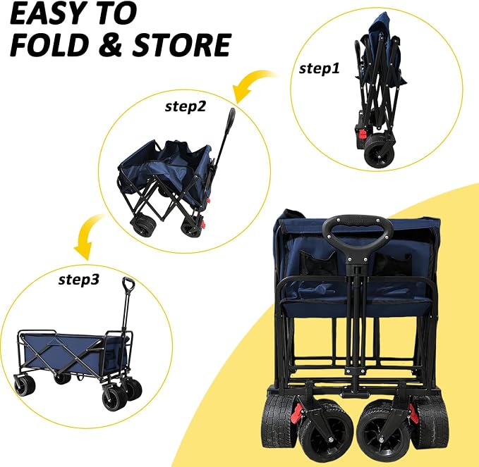 Foldable Wagon Cart, Collapsible Wagon Cart, 300lbs Folding Utility Wagon with All-Terrain Wheels, Collapsible Wagon for Gardening, Camping, Beach, Outdoor Use, Blue
