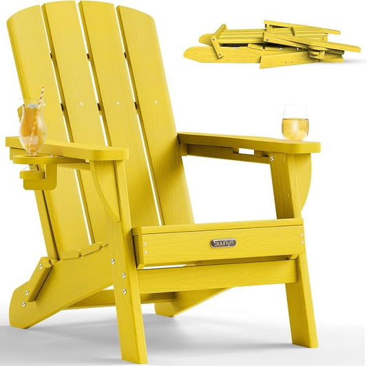Folding Adirondack Chair, HDPE Adirondack Chairs with 2 Cup Holder, Plastic All-Weather Fire Pit Chairs, Outdoor Lawn Chair for Patio Garden (Yellow)