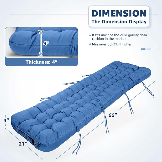Patio Lounge Chair Cushion, Waterproof Zero Gravity Chair Cushions with Ties, 66x21x4 Inches Chaise Lounge Chair Cushion for Outdoor Indoor Furniture, Royal Blue (Only Cushion)