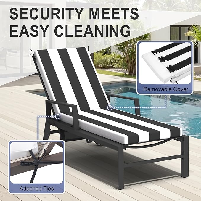Crestlive Outdoor Chaise Lounge Cushions, 3 Years Fade Resistant Water Resistant Lounge Chair Cushion, 72''L x 21''W, Set of 2, Black Cabana Stripe