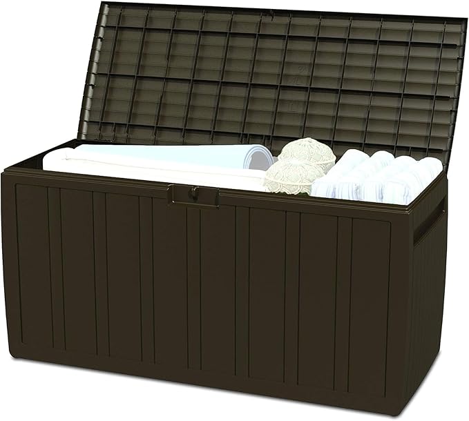 Ram Quality Products 71 Gallon Plastic Outdoor Backyard Storage Bin Deck Box for Patio Furniture Cushions,Tools, and Pool Accessories, Brown