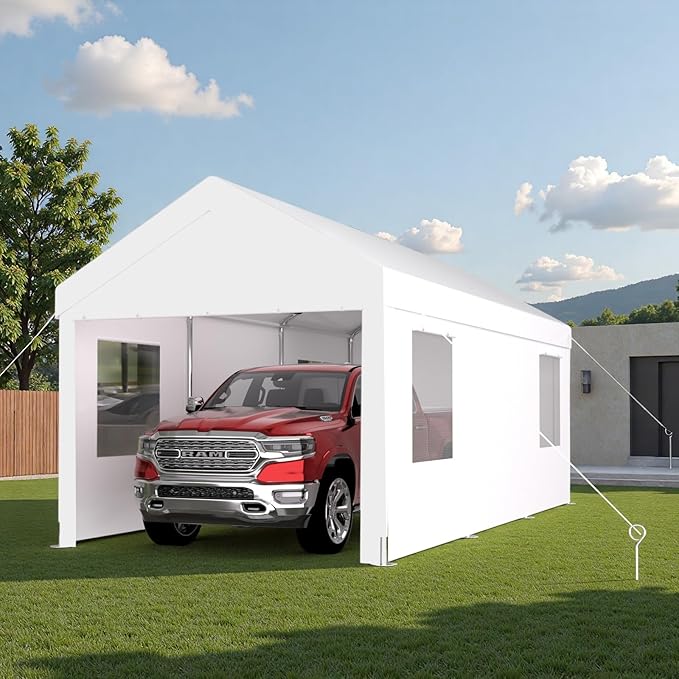10x20FT Canopy, Outdoor Portable Garage with 2 Roll-Up Doors & 4 Ventilated Windows, Patio Camping Heavy Duty Car Port Canopy with PE Cover, Ground Pegs & Steel Cables, Easy Assembly, White