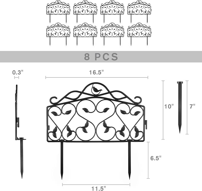 Evelyne Decorative Garden Border Plastic Edging – PP Plastic, Short Metal-Free Faux Wrought Iron Leaf & Bird Design, 8pcs Yard Landscaping Fence Liner Lawn Edge Barrier, 10ft Kit of Decorative Panels