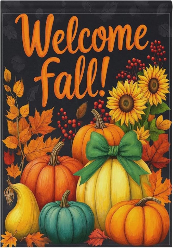 Welcome Fall Black House Flag 28x40 Inch Double Sided Outside Sunflower Pumpkin Autumn Seasonal Yard Outdoor Flag Banner for Garden Lawn Patio Holiday Decorations
